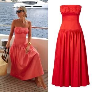 TOVE Lauryn Midi Dress Red Drop Waist Corset Strapless‎ Poplin Cotton 38 US6 NEW